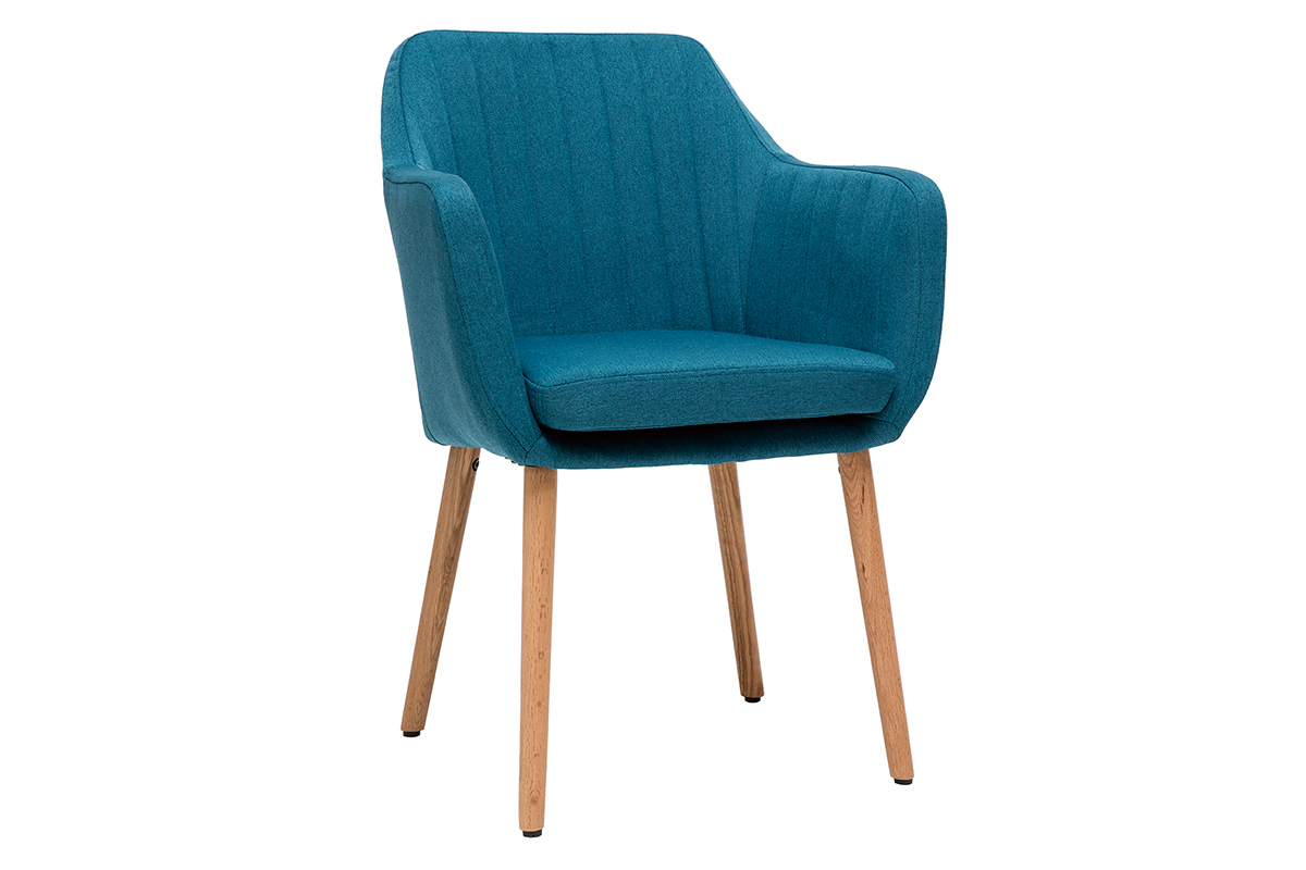 Chaise scandinave tissu bleu canard, pieds en bois clair, vue trois quarts.