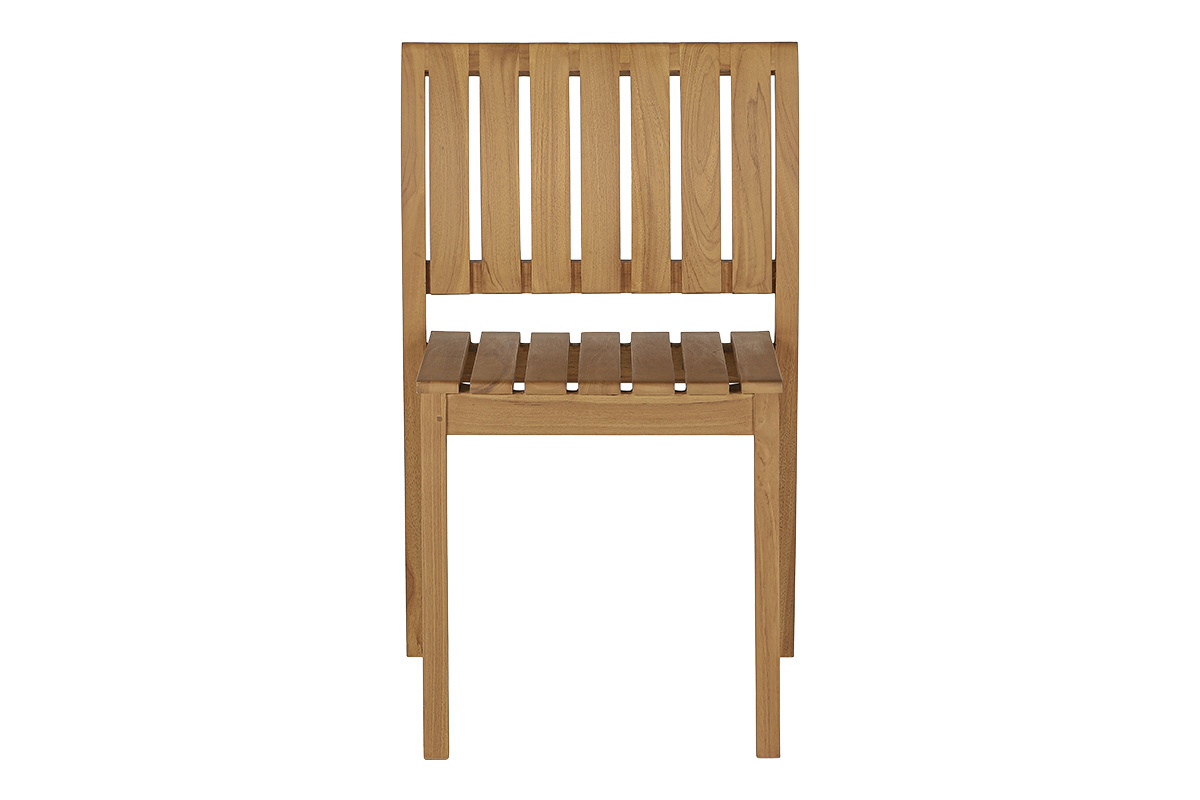 Chaise de jardin TECKA en teck massif, vue de face, design �pur� et sans accoudoirs, empilable.