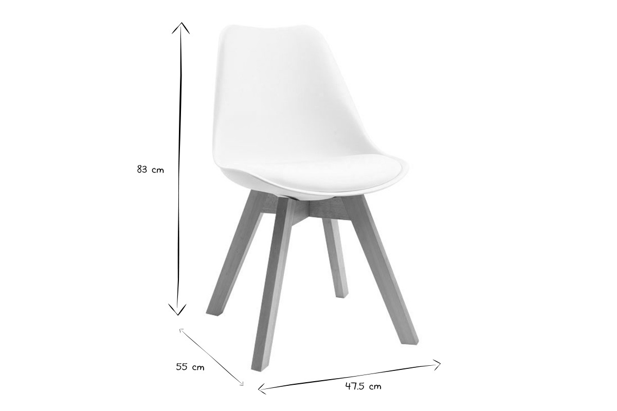 Chaises design blanc et bois, dimensions indiqu�es en cm, noir et blanc.