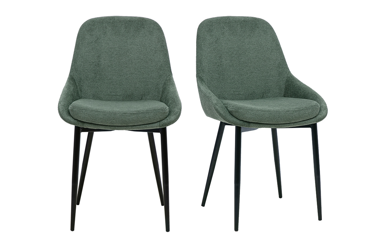 Lot de 2 chaises design en tissu chenille vert kaki avec structure en m�tal noir, vue de face.