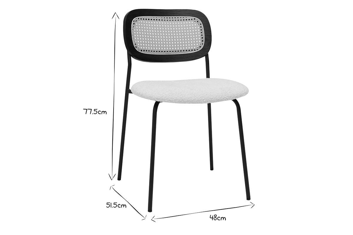 Dimensions d'une chaise design MIRANDA en noir et blanc, 77.5 cm de hauteur, 51.5 cm de profondeur et 48 cm de largeur.