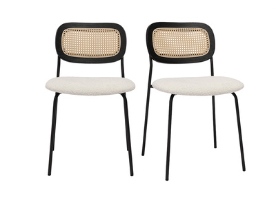 Chaises design en tissu effet laine boucl&eacute;e blanc, m&eacute;tal noir et cannage rotin (lot de 2) MIRANDA