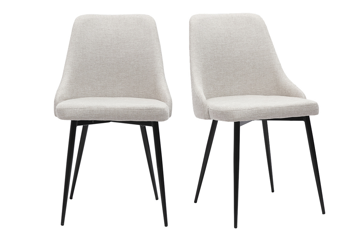 Deux chaises en tissu effet velours beige naturel avec pieds en m�tal noir, vues de face.