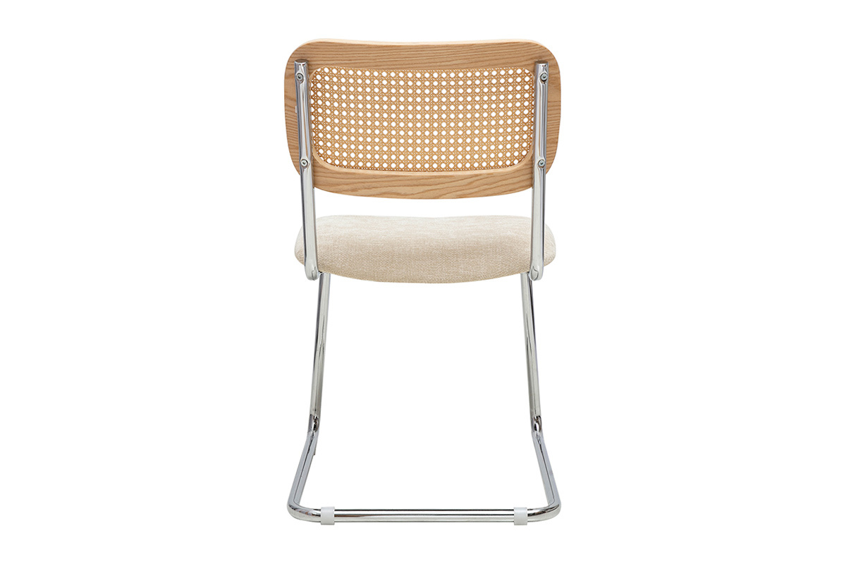 Chaise ELECTRA vue de dos, cannage rotin, m�tal chrom�, tissu beige.