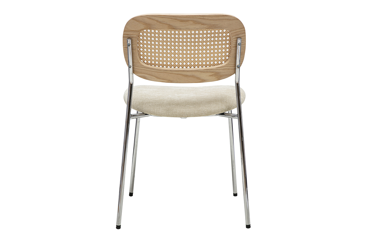 Chaise avec assise beige effet velours, dossier en cannage rotin et pieds m�tal chrom�, vue de dos.