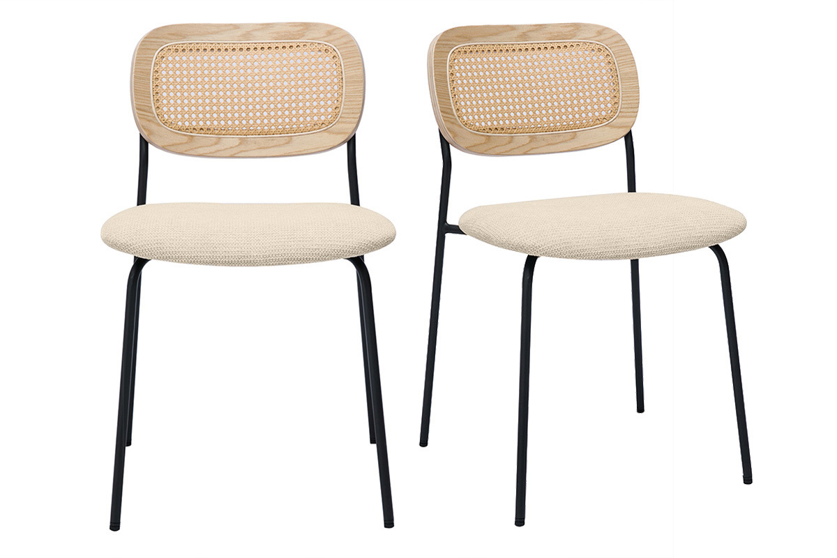 Chaises design en tissu effet velours textur� beige, m�tal noir et cannage rotin (lot de 2) MIRANDA