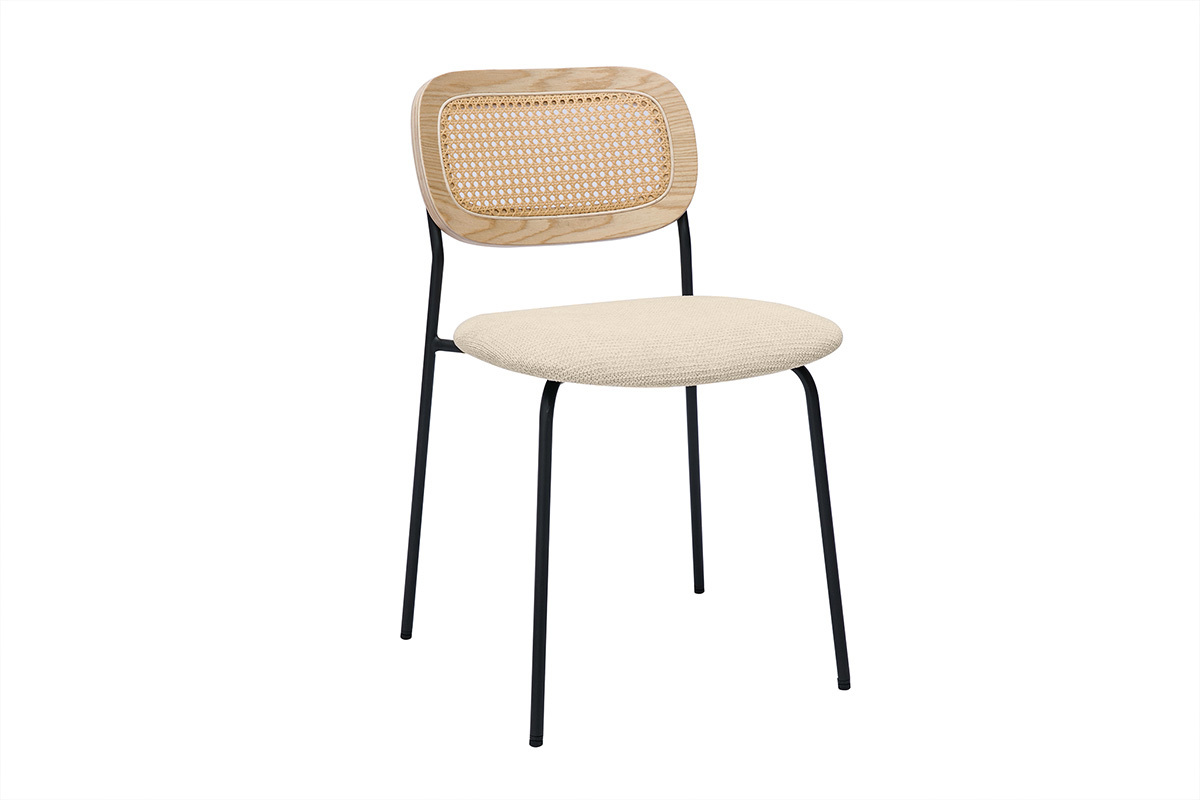 Chaises design en tissu effet velours textur� beige, m�tal noir et cannage rotin (lot de 2) MIRANDA