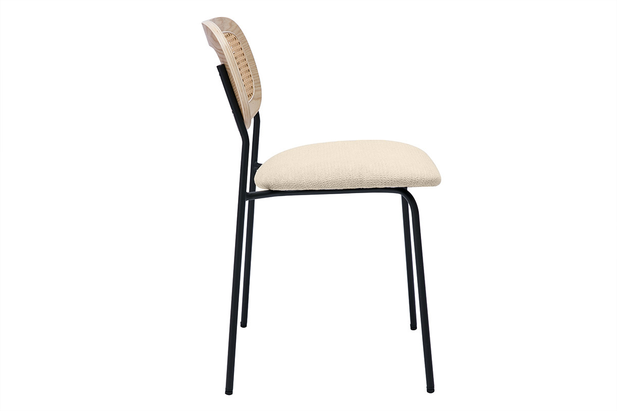 Chaises design en tissu effet velours textur� beige, m�tal noir et cannage rotin (lot de 2) MIRANDA