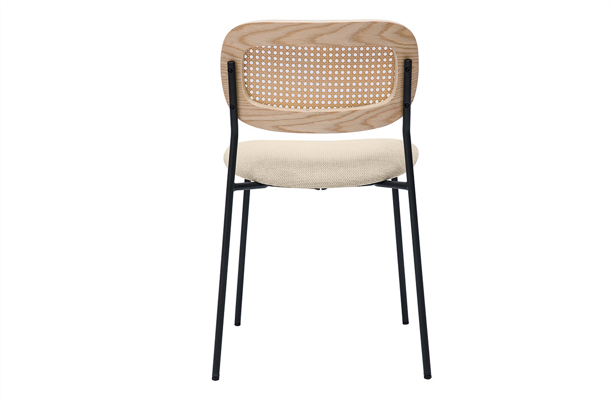 Chaises design en tissu effet velours textur� beige, m�tal noir et cannage rotin (lot de 2) MIRANDA