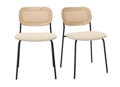 Chaises design en tissu effet velours textur&eacute; beige, m&eacute;tal noir et cannage rotin (lot de 2) MIRANDA