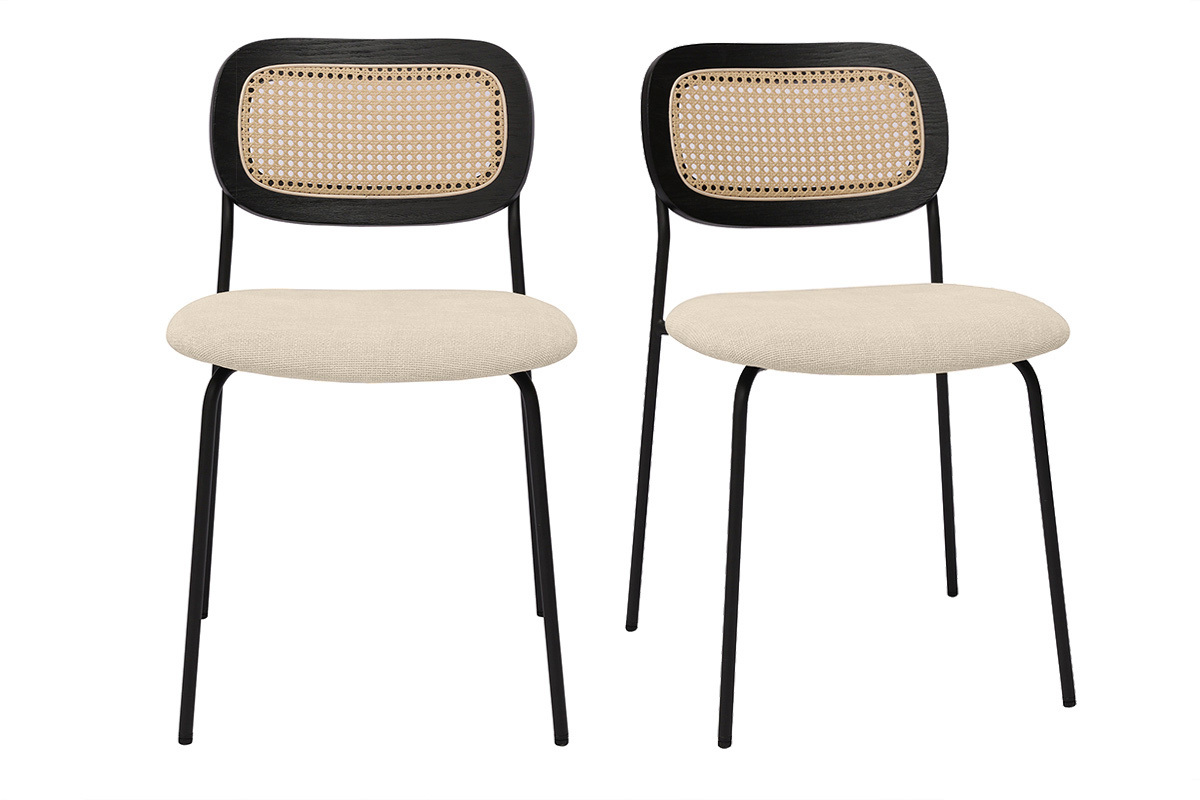 Chaises design en tissu effet velours textur� beige, m�tal noir et cannage rotin (lot de 2) MIRANDA