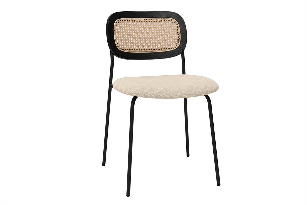 Chaises design en tissu effet velours textur� beige, m�tal noir et cannage rotin (lot de 2) MIRANDA