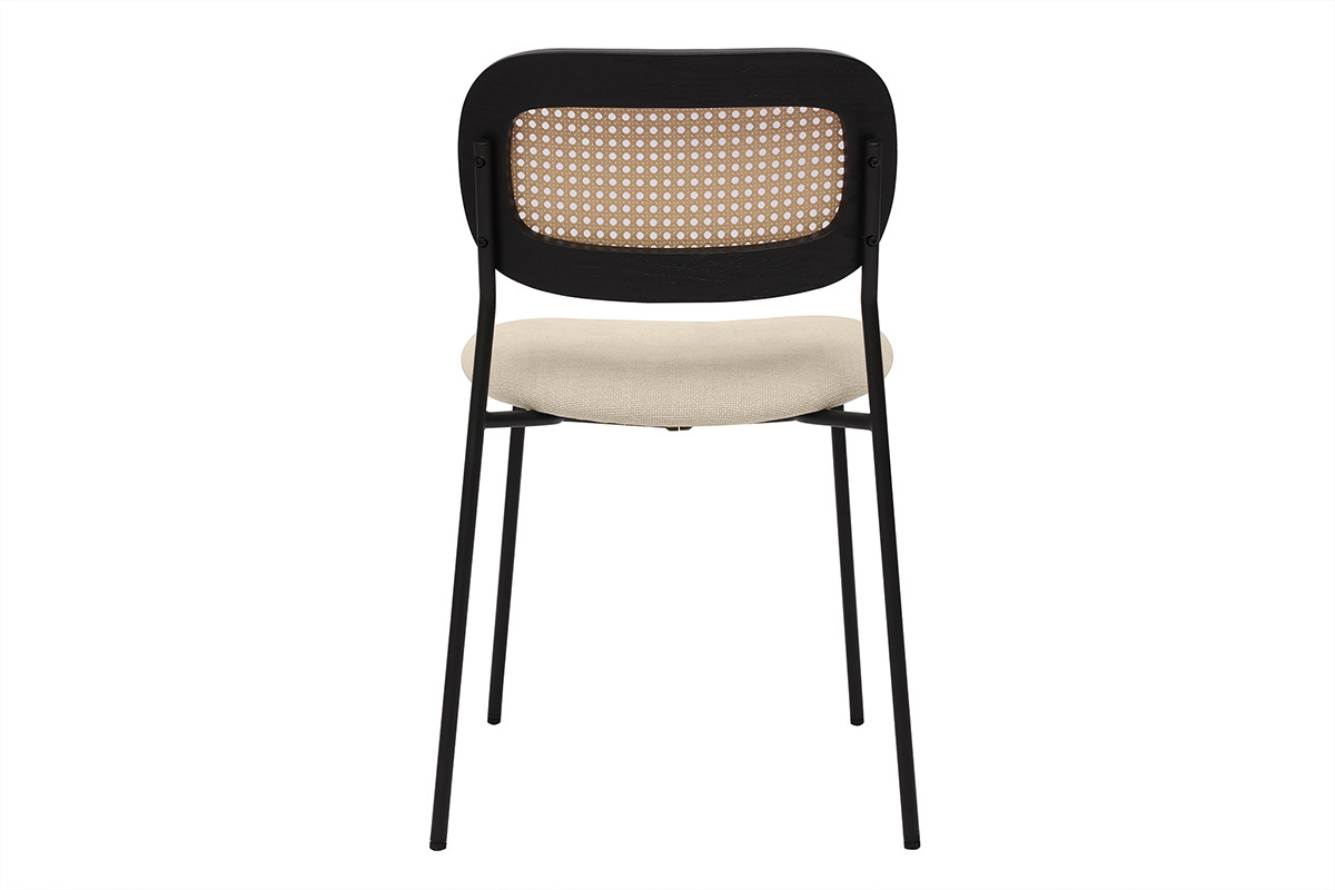 Chaises design en tissu effet velours textur� beige, m�tal noir et cannage rotin (lot de 2) MIRANDA