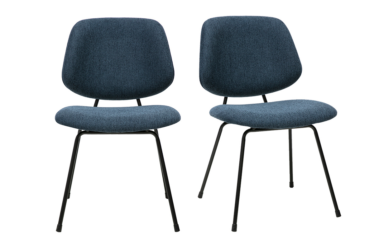 Lot de 2 chaises design en tissu bleu fonc� et m�tal noir, vue de face