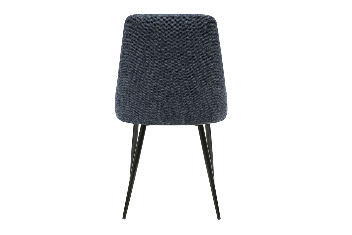 Chaise design en tissu velours textur� bleu fonc�, vue de dos, pi�tement en m�tal noir.