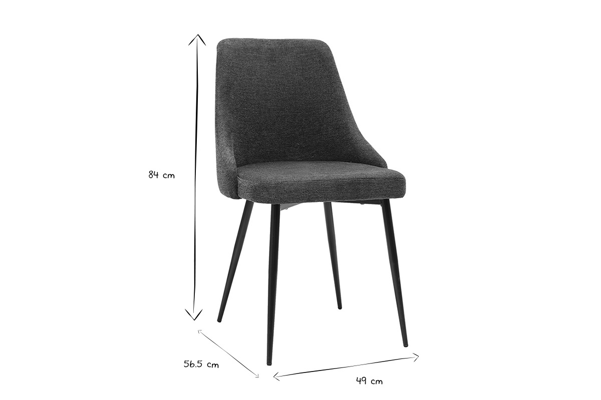 Dimensions d'une chaise design en tissu effet velours textur�, hauteur 84 cm, largeur 56,5 cm, profondeur 49 cm.