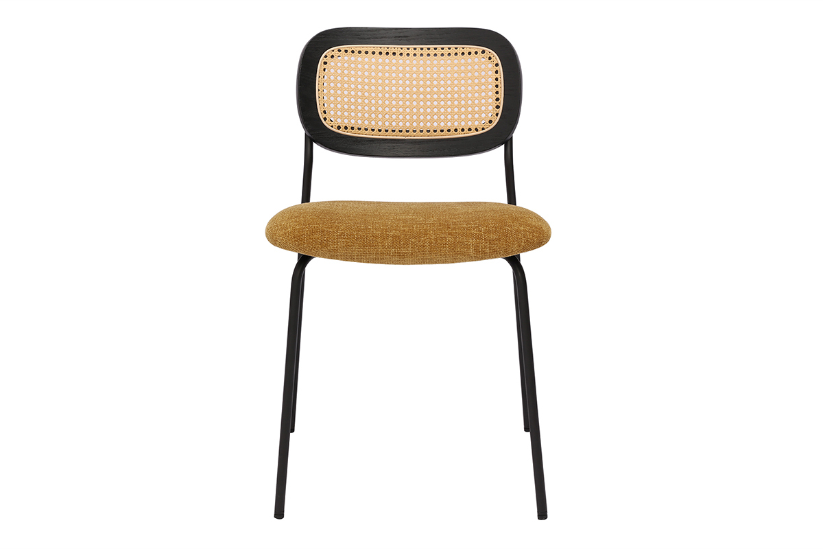 Chaise avec assise velours bronze, dossier cannage, pieds m�tal noir, vue de face.