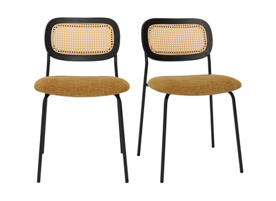 Chaises design en tissu effet velours textur&eacute; bronze, m&eacute;tal noir et cannage rotin (lot de 2) MIRANDA