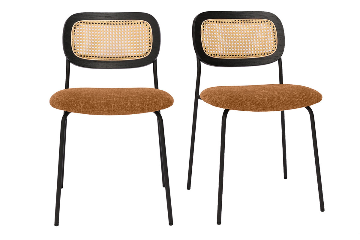 Chaises design en tissu effet velours textur� terre brul�e, m�tal noir et cannage rotin (lot de 2) MIRANDA