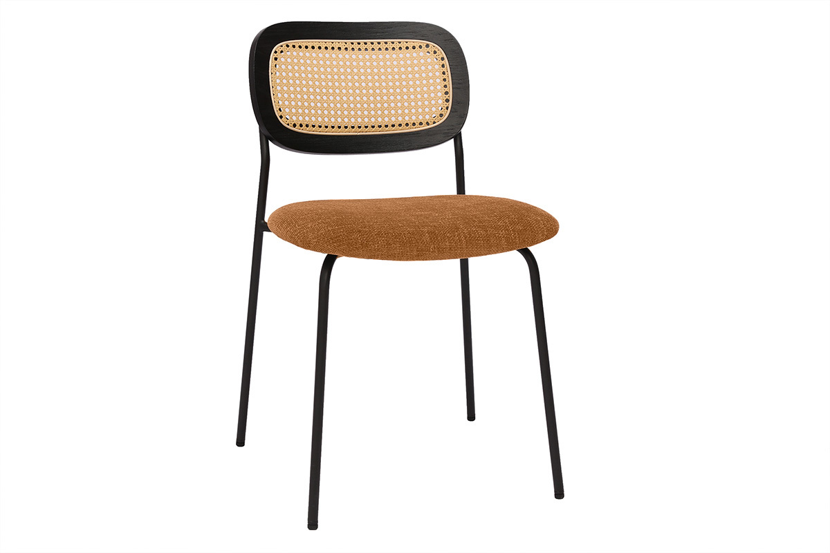 Chaises design en tissu effet velours textur� terre brul�e, m�tal noir et cannage rotin (lot de 2) MIRANDA