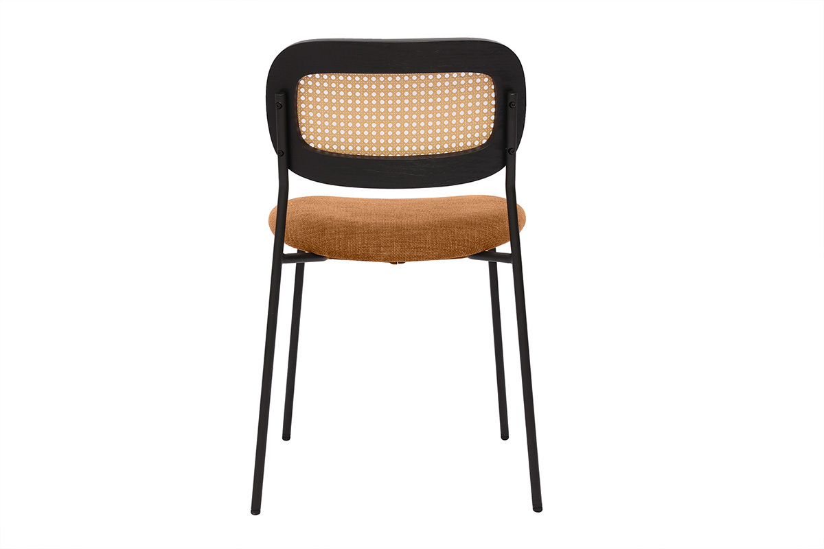 Chaises design en tissu effet velours textur� terre brul�e, m�tal noir et cannage rotin (lot de 2) MIRANDA