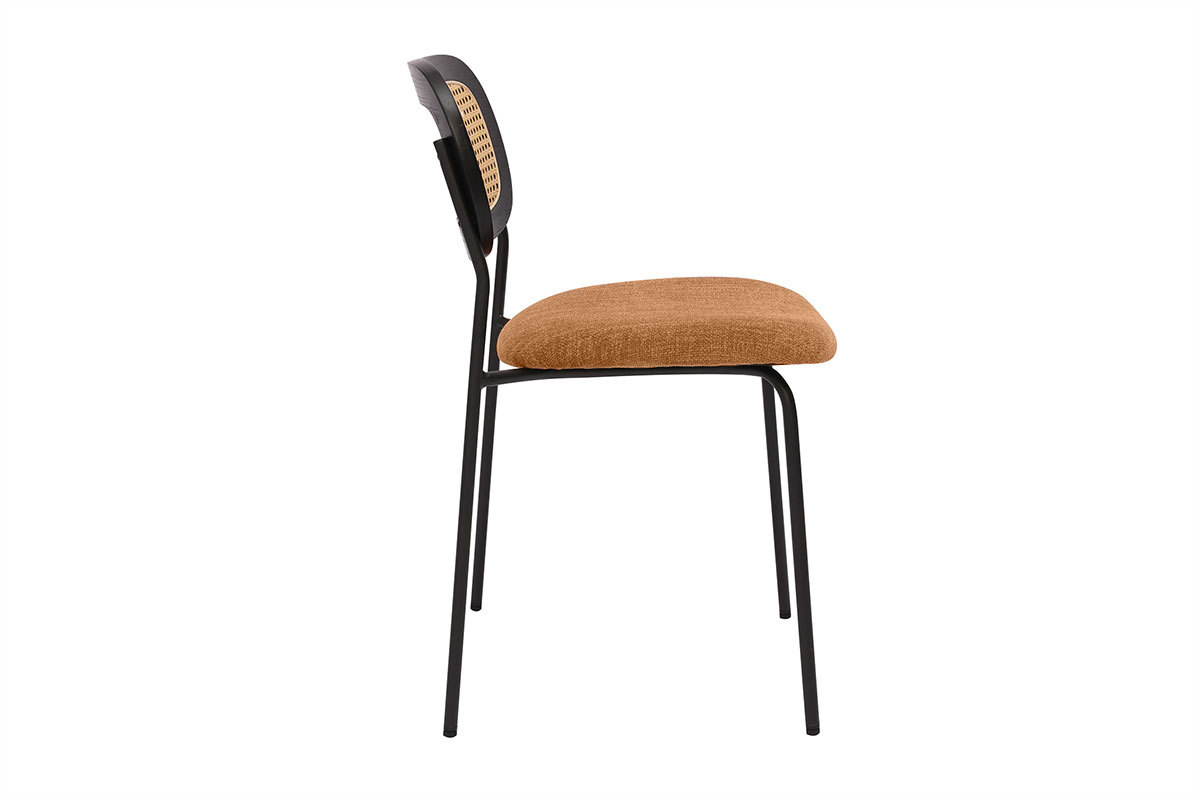 Chaises design en tissu effet velours textur� terre brul�e, m�tal noir et cannage rotin (lot de 2) MIRANDA