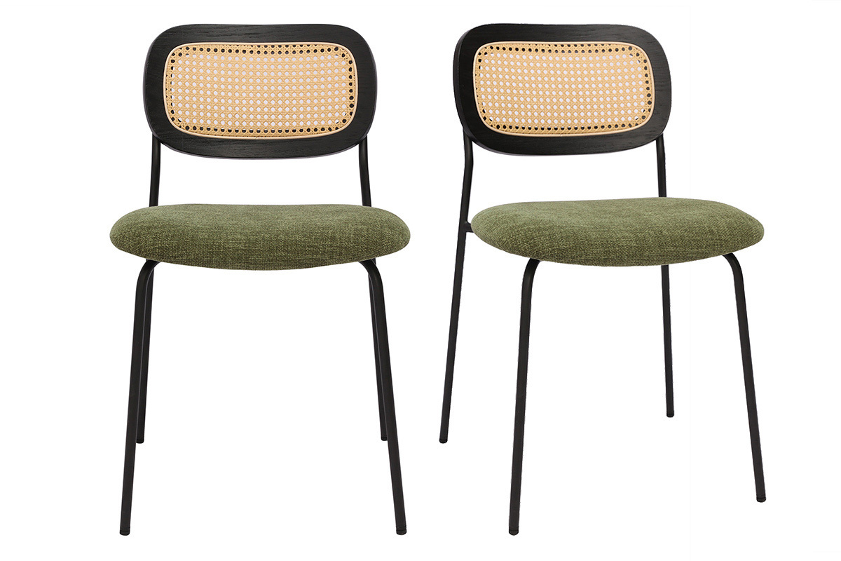 Chaises en tissu velours kaki avec dossier cannage et pieds m�tal noir, vue de face.