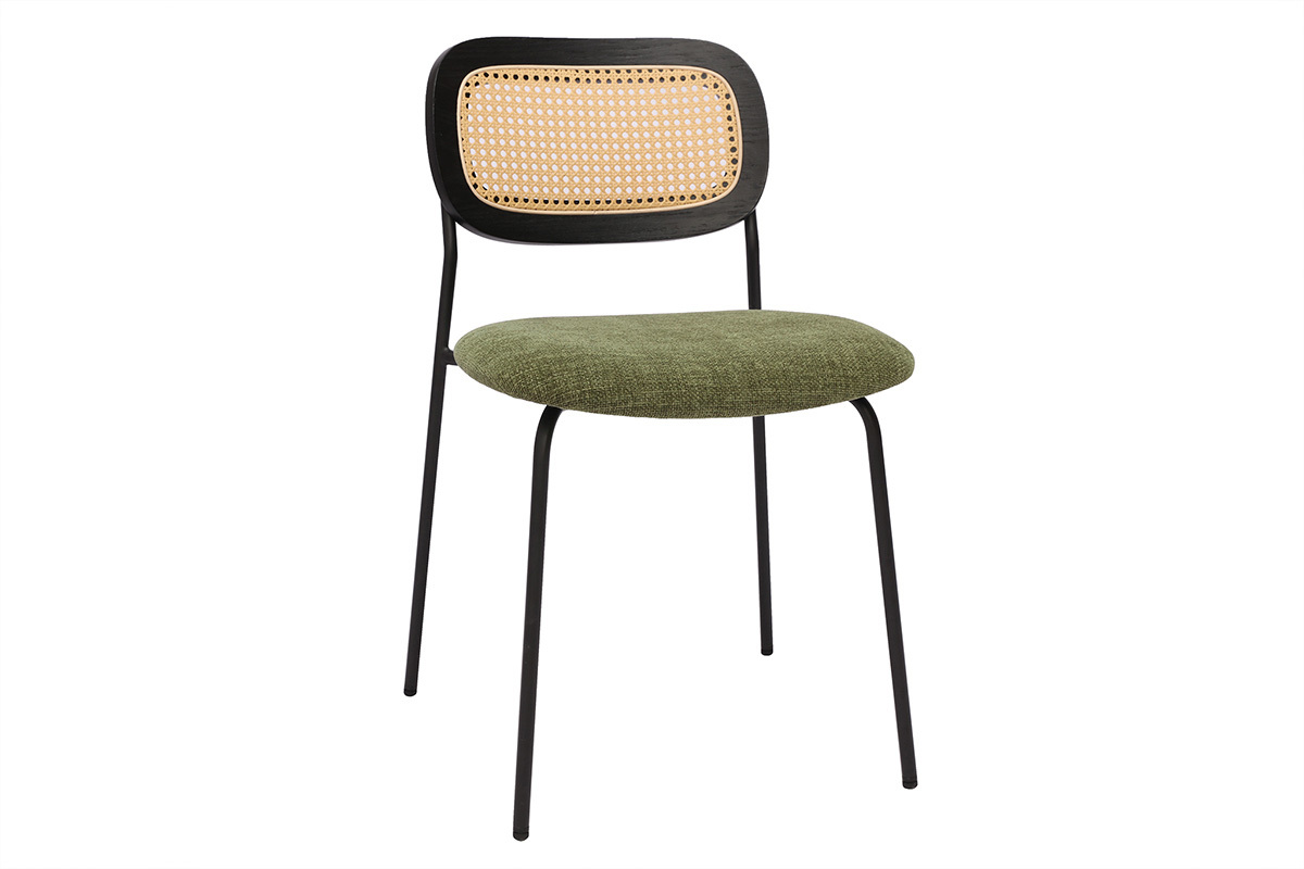 Chaise design en tissu vert kaki avec dossier en cannage rotin et pieds en m�tal noir, vue de 3/4.