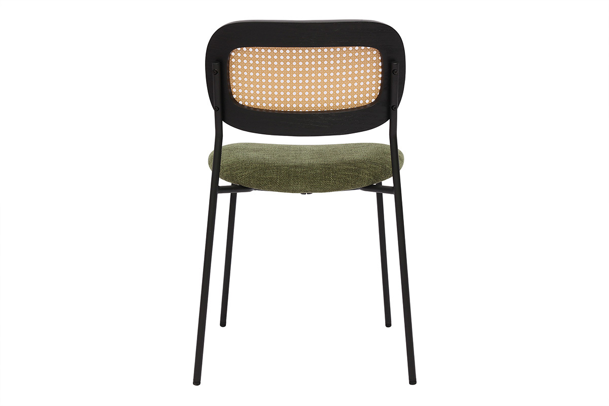 Chaise vista arri�re avec dossier cannage rotin, assise vert kaki, pieds m�tal noir.