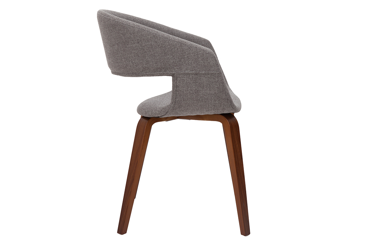 Chaise design en tissu gris avec accoudoirs, vue de profil, pieds en bois fonc�