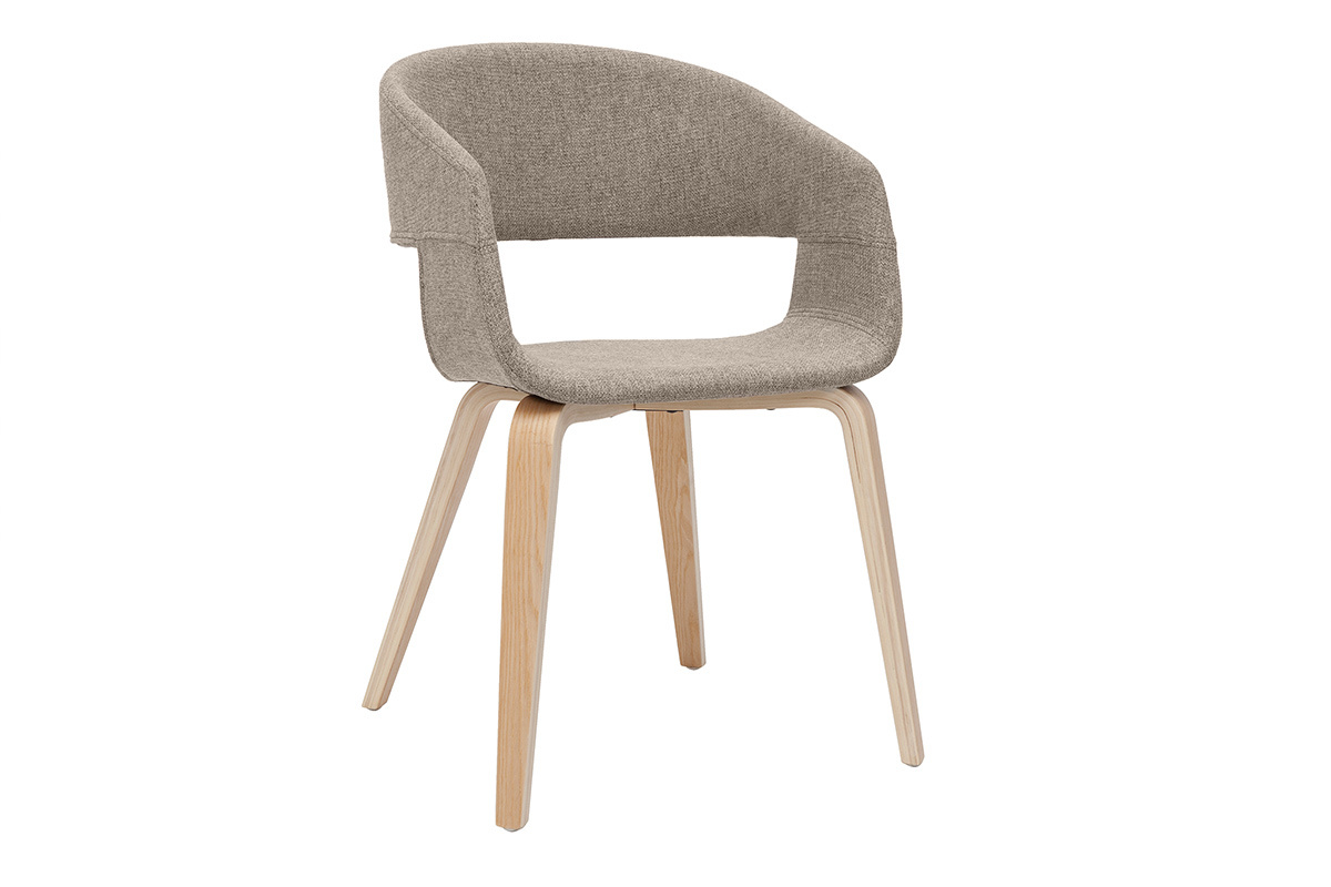 Chaise design en tissu taupe et bois clair, vue de 3/4.