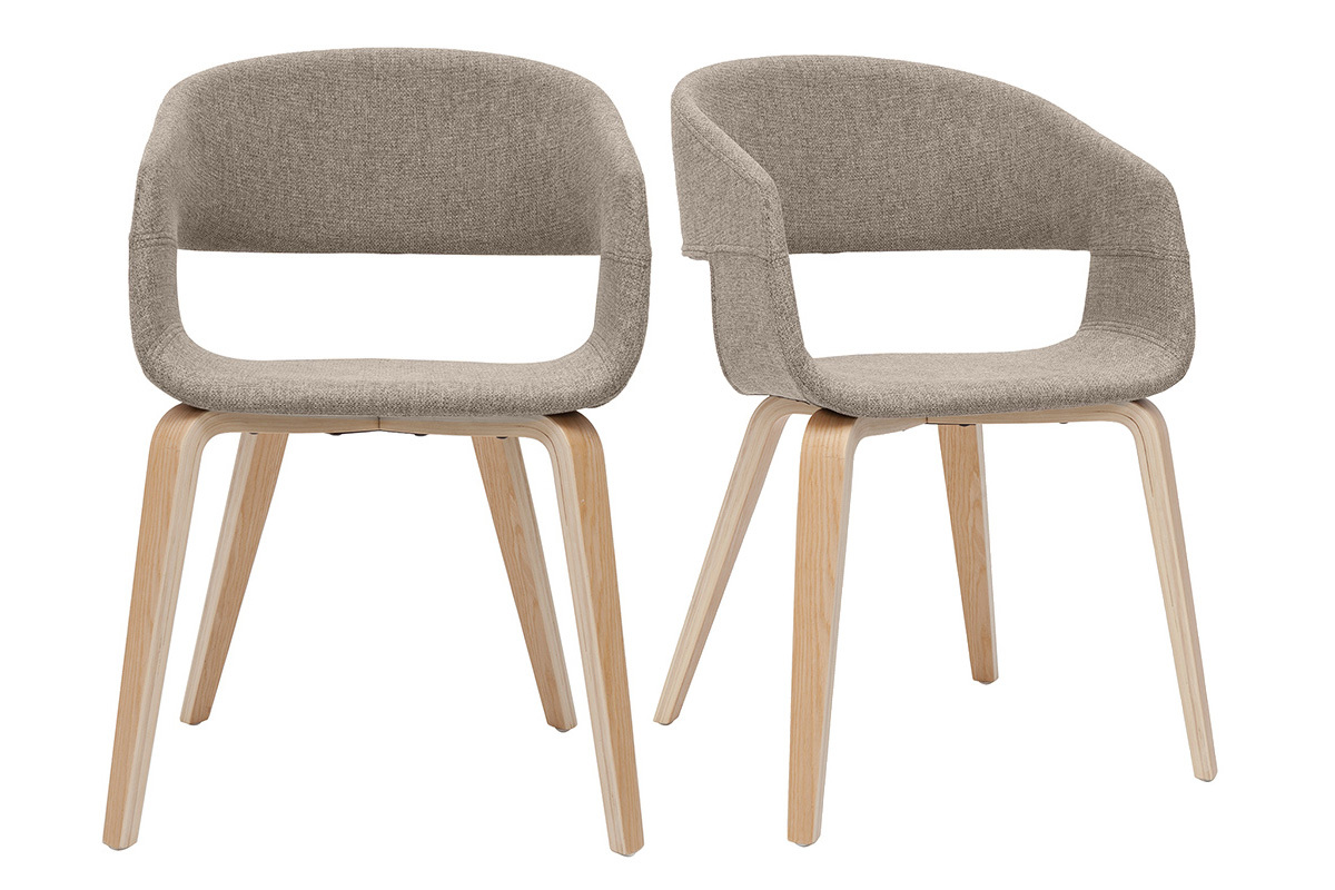 Chaises SLAM en tissu taupe et bois clair, vue de face, par lot de 2.