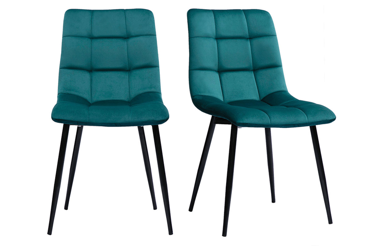 Chaises design en tissu velours bleu canard et m�tal noir (lot de 2) MAXWELL