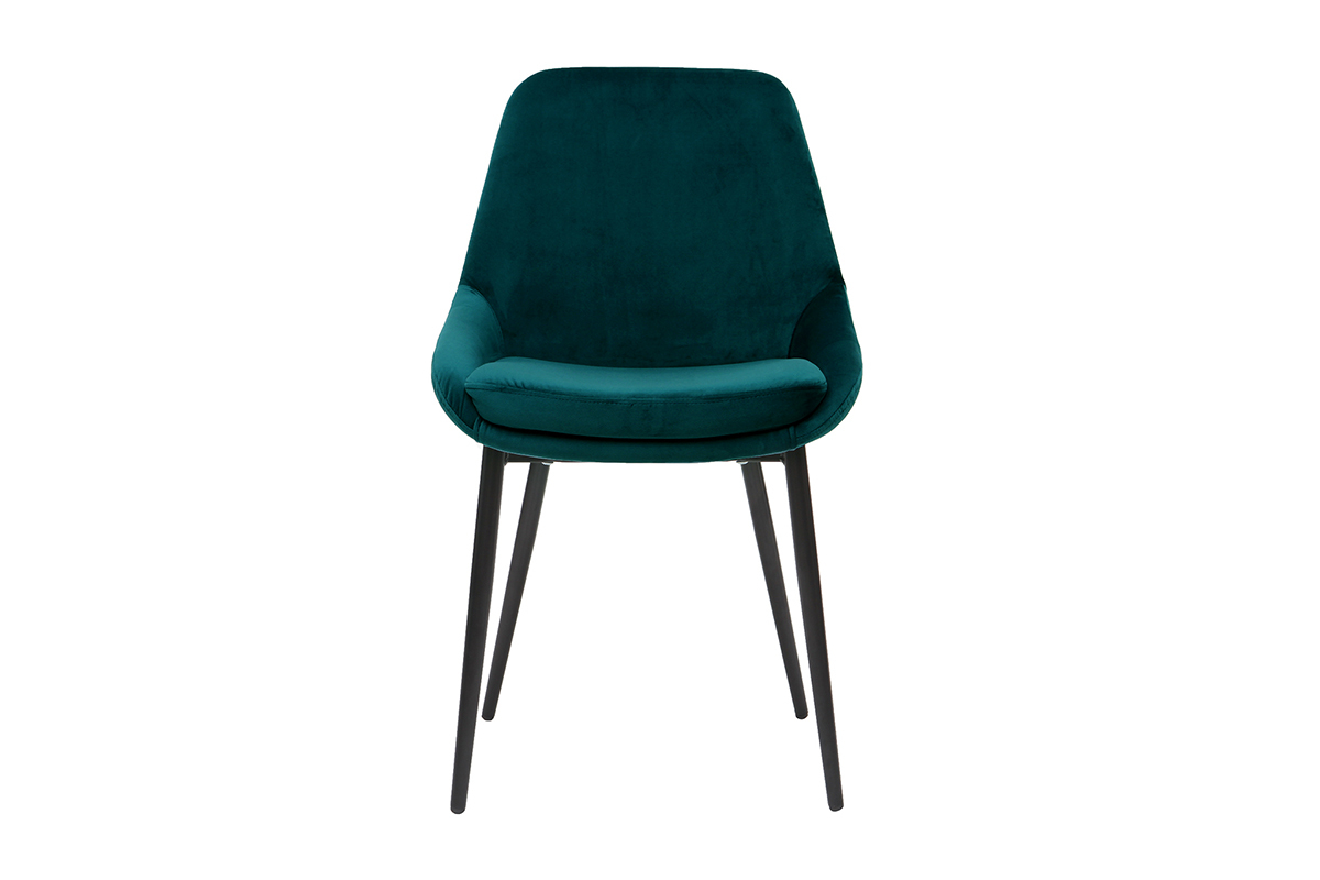 Chaise en velours bleu p�trole et m�tal noir, vue de face.