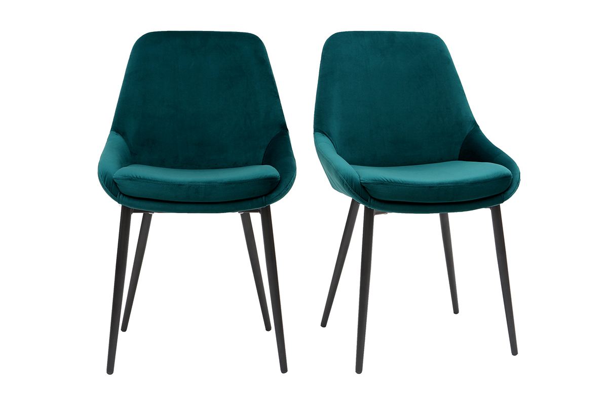 Deux chaises en velours bleu p�trole avec pieds en m�tal noir, vues de face.