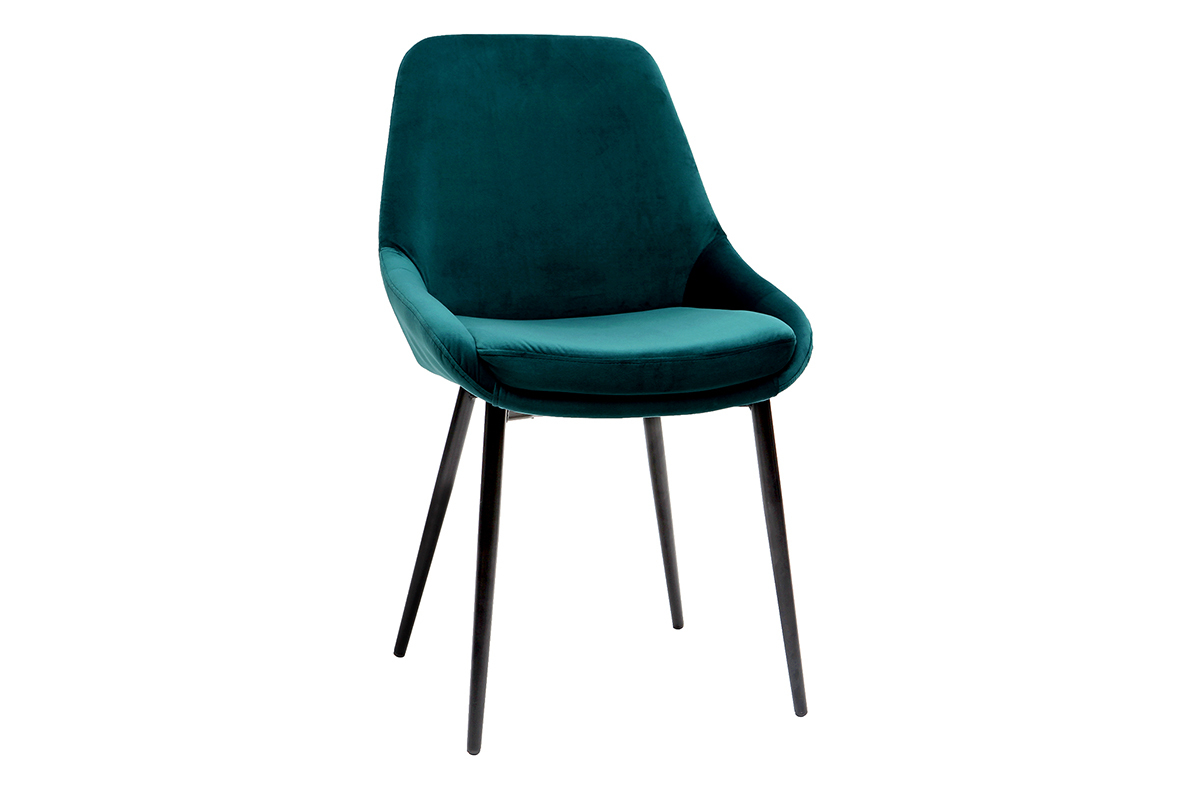 Chaise design en velours bleu p�trole avec pieds en m�tal noir, vue de 3/4.
