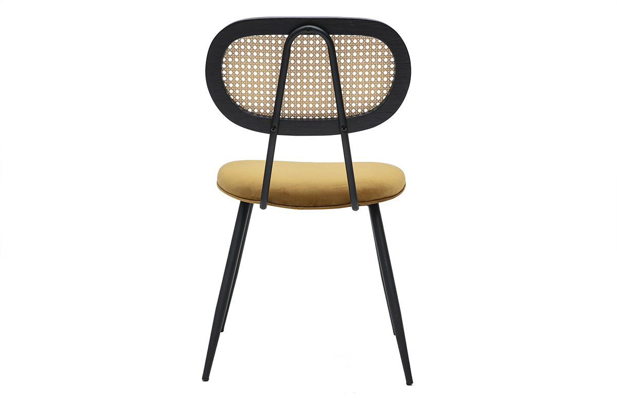 Chaise SWANN en velours bronze, dossier cannage rotin, vue arri�re, pieds m�tal noir.