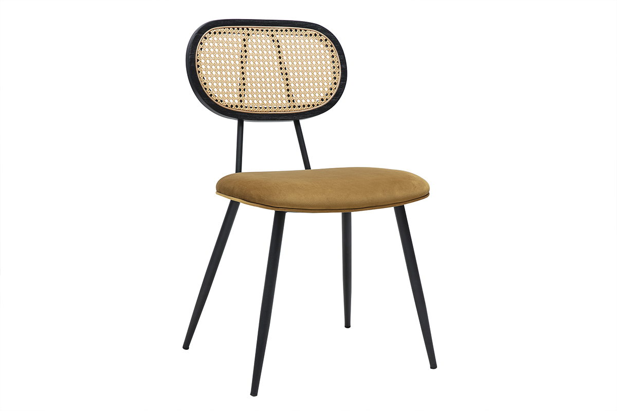 Chaise design en velours bronze avec dossier en rotin et structure m�tallique noire, vue de 3/4.