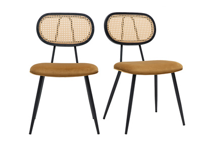 Chaises design en tissu velours bronze, m&eacute;tal noir et cannage rotin (lot de 2) SWANN