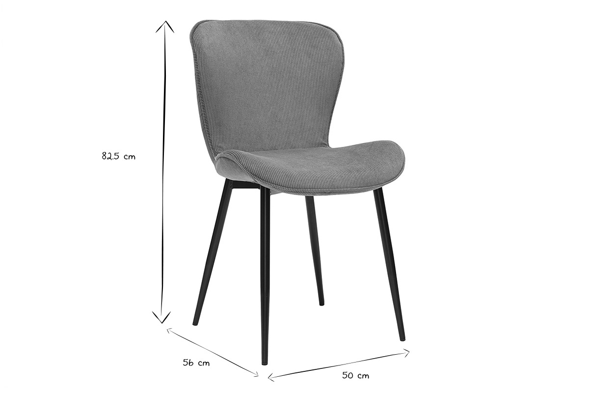 Chaise design dimensions en noir et blanc : hauteur 82,5 cm, largeur 50 cm, profondeur 56 cm.
