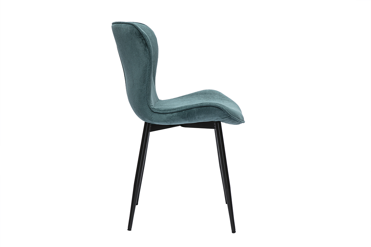Chaise vue de c�t� en velours c�tel� bleu canard avec pieds en m�tal noir.