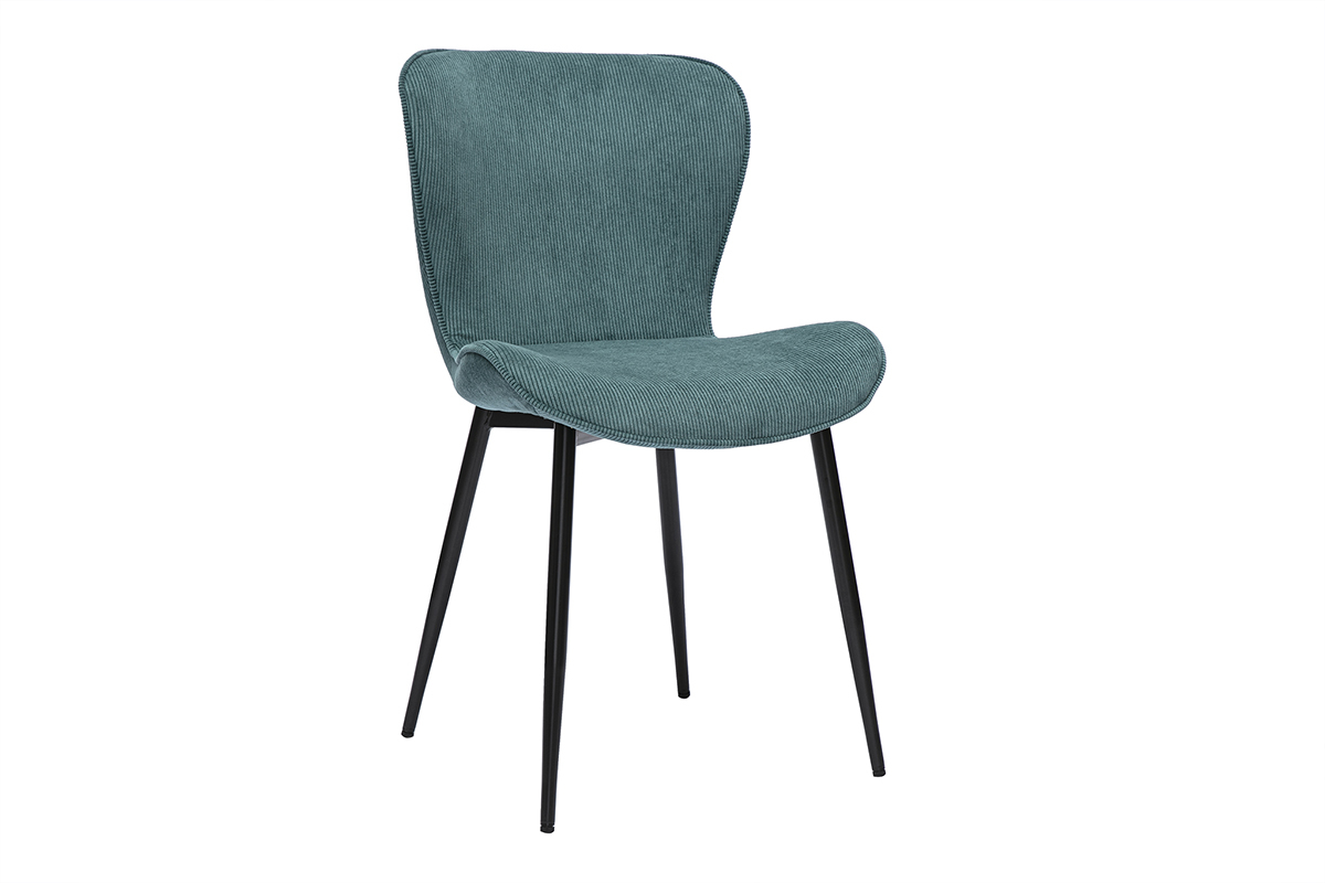 Chaise design en velours c�tel� bleu canard et m�tal noir, vue de 3/4.