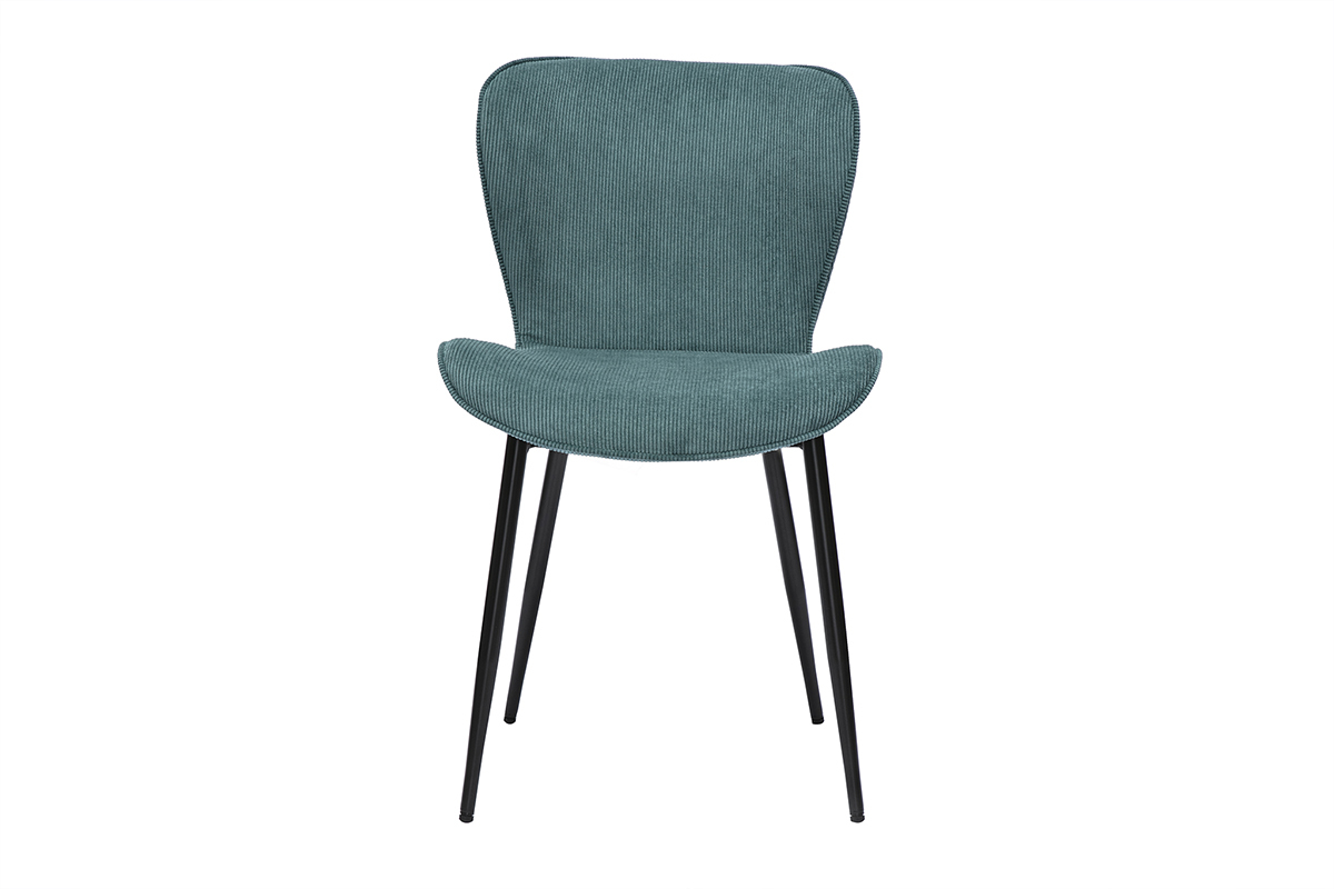 Chaise en velours c�tel� bleu canard et m�tal noir, vue de face.