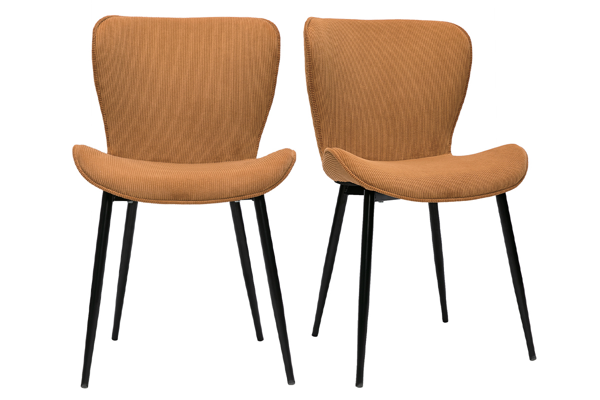 Chaises design en tissu velours c�tel� jaune curry et m�tal noir (lot de 2) ADDICT