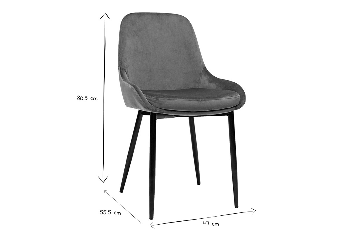Chaise vue de profil avec dimensions : hauteur 80,5 cm, profondeur 55,5 cm, largeur 47 cm, en noir et blanc.