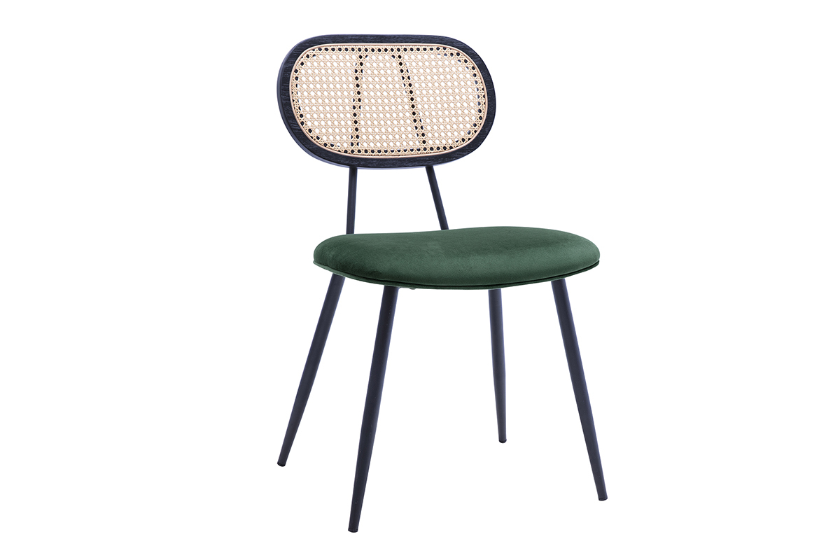 Chaise en velours vert fonc�, m�tal noir et dossier en cannage rotin, vue de trois quarts.