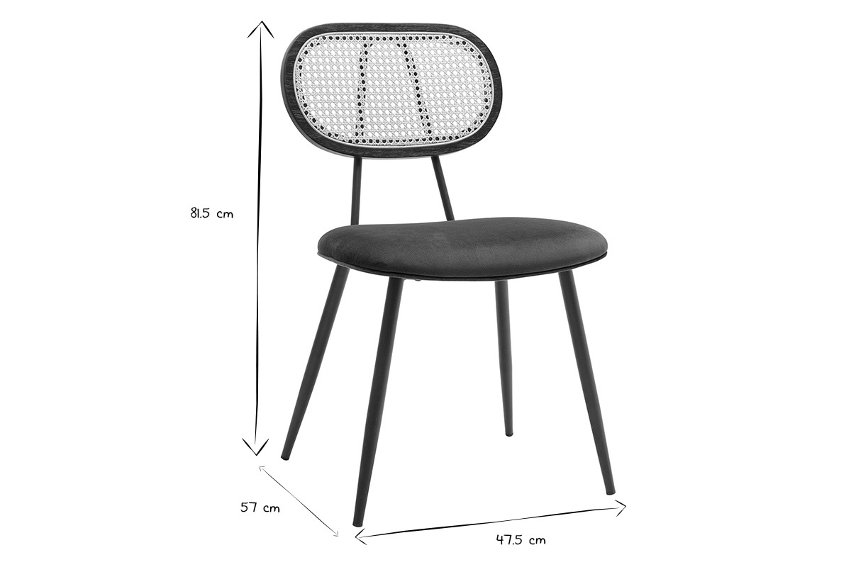 Chaise avec dossier en rotin, vue de c�t�, dimensions 81,5 cm x 57 cm x 47,5 cm en noir et blanc.