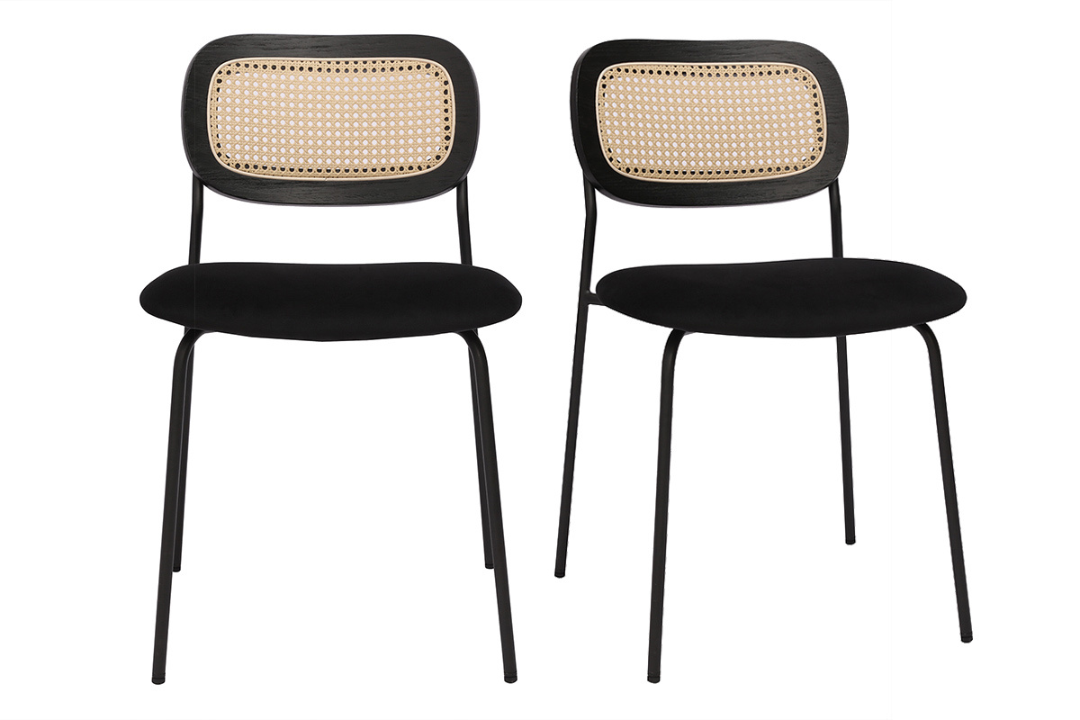 Chaises design en velours noir, m�tal noir et cannage rotin (lot de 2) MIRANDA