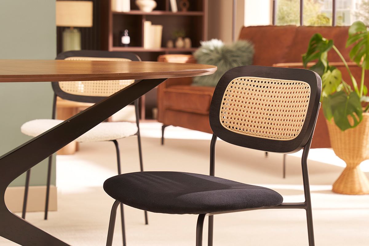 Chaises design en velours noir, m�tal noir et cannage rotin (lot de 2) MIRANDA