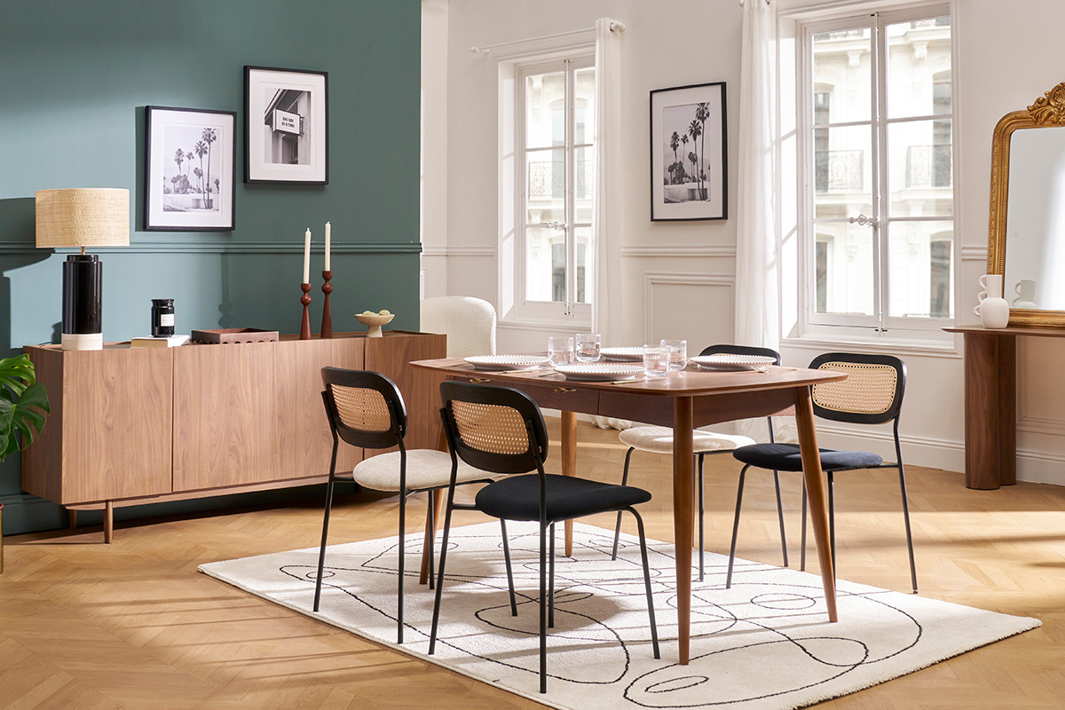 Chaises design en velours noir, m�tal noir et cannage rotin (lot de 2) MIRANDA